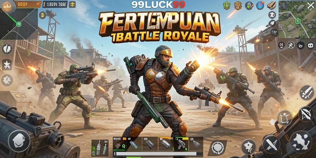 Screenshot 99LUCK99 menampilkan aksi pertempuran seru di arena Battle Royale.
