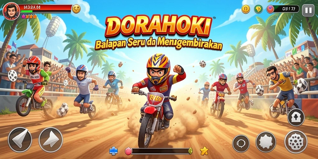 Gameplay seru DORAHOKI dengan kendaraan balap yang cepat dan lintasan mendebarkan.