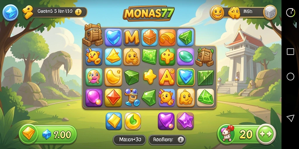 Screenshot utama MONAS77 menampilkan permainan Match-3 yang penuh warna.