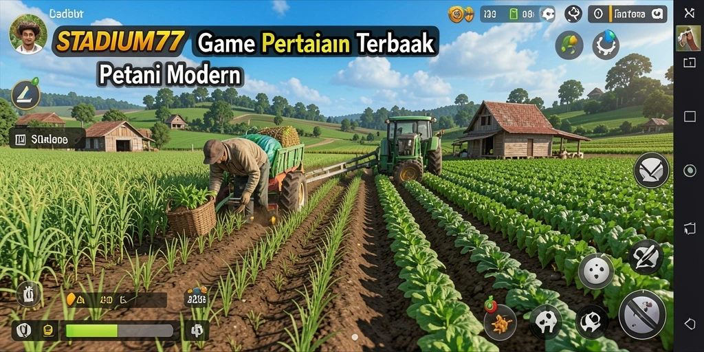 Screenshot gameplay STADIUM77 menampilkan kebun yang subur dan tanaman yang tumbuh.