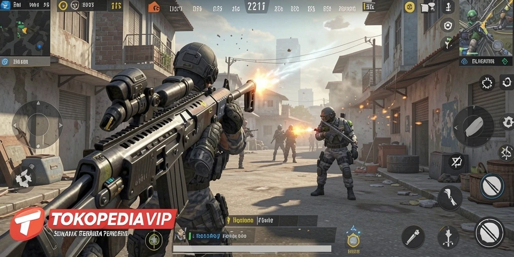 Tampilan gameplay seru dalam pertempuran FPS yang mendebarkan.