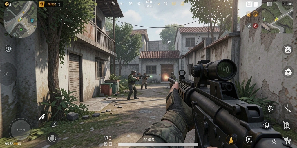 Tampilan gameplay <strong>V98</strong> yang intens dan penuh aksi dari sudut pandang pemain.