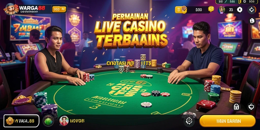 Screenshot gameplay WARGA88 dengan dealer langsung dan suasana kasino yang hidup.